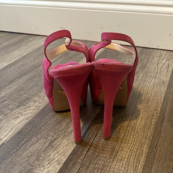 Prada peonia suede sling back peep toe high heels. - Picture 3 of 8